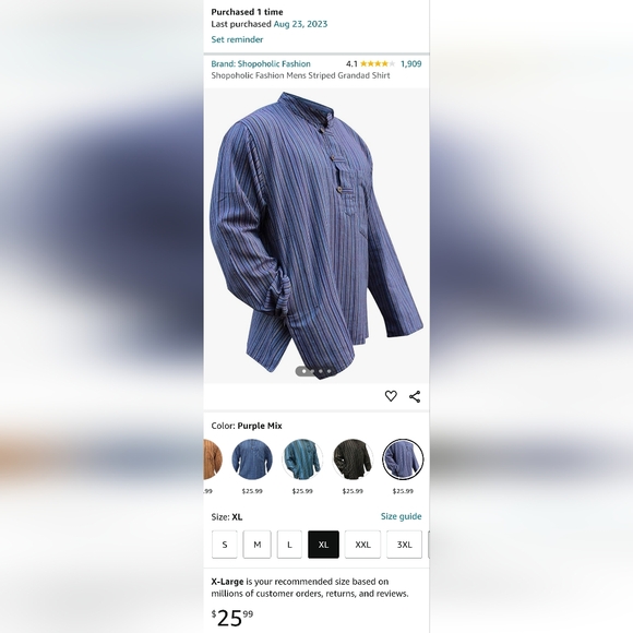 XL Cotton Grandad Shirt Purple Striped - Picture 7 of 7